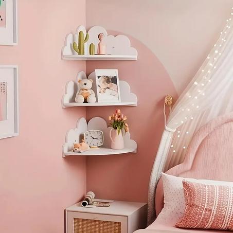 ثلاث رفوف جدارية بشكل غيوم للزوايا – ديكور جداري أنيق لغرف الأطفال والبيت