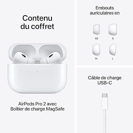 Apple AirPods Pro 2 Écouteurs sans Fil, Casques et écouteurs Bluetooth, Réduction Active du Bruit, Appareil auditif, Mode Transparence, Audio Spatial personnalisé, Son Haute-fidélité, Recharg