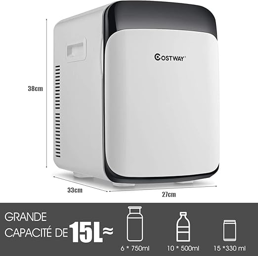 Mini Frigo 15L Mini Réfrigérateur 2 en 1 Fonction de Refroidissement et de Chauffage, Température -3 ℃ ~ 50 ℃, Frigo Portable 76 KWh/an pour Maison/Voiture