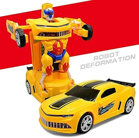 Petite voiture à friction 2 en 1 avec conversion de voiture en robot, robot en voiture, jouet déformateur, véhicules en plastique, modèle de voiture pour garçons, cadeaux pour enfants, jaune