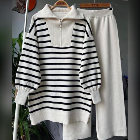 Ensemble 2 pièces Pull raye a manches longues col rabattu pour femme