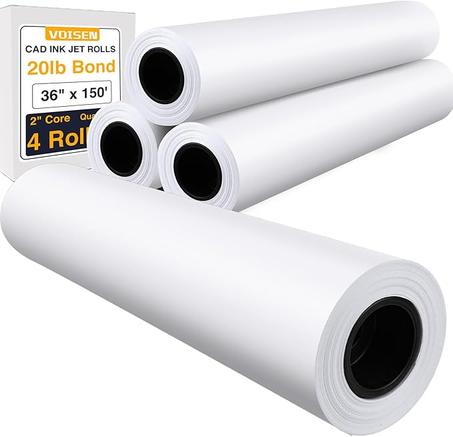 VOISEN Papel de formato ancho, 4 rollos de papel trazador de 36 pulgadas x 150 pies, rollos de bonos CAD, 20 libras, papel de enlace en núcleo de 2 pulgadas para impresión CAD en impresoras d