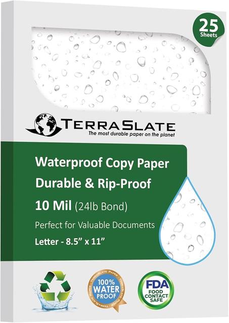 TerraSlate Premium - Papel impermeable para lluvia, clima y lluvia, 10 milésimas de pulgada de grosor y 8.5 x 11 pulgadas, blanco brillante, papel de impresora duradero (25 hojas)