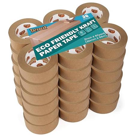 TAPEBEAR Cinta de papel kraft ecológica, cinta de papel kraft biodegradable, cinta de embalaje reciclable para escribir, superficie no recubierta para uso de enmascaramiento, sellado y embala