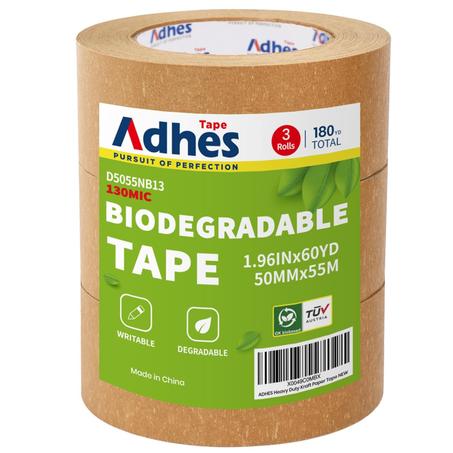 ADHES - Cinta de papel kraft, 2 pulgadas x 60 yardas x 3 rollos, cinta de embalaje de papel biodegradable para escribir y sin recubrimiento marrón para envío, mudanza, sellado