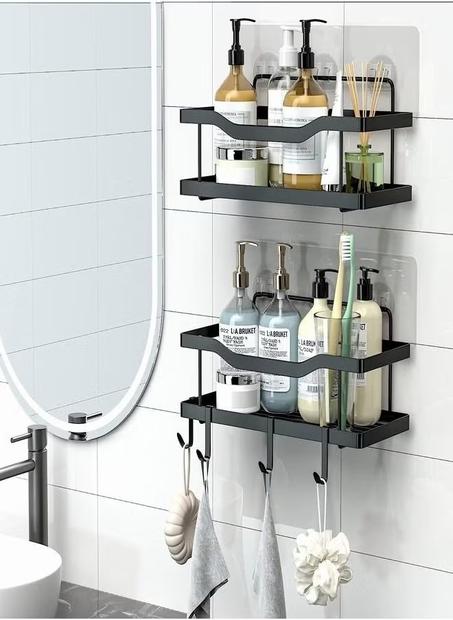 طقم 5 رفوف لزجة للحمام – منظم استحمام بدون حفر، من الستانلس ستيل المقاوم للصدأ مع 4 علاقات (أسود)