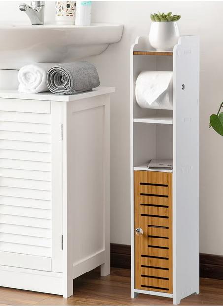 حامل مناديل الحمام مع خزانة تخزين بباب من الخيزران – مادة PVC وخيزران، مناسب لأي مكان، ارتفاع 76 سم (30 بوصة)، أبيض