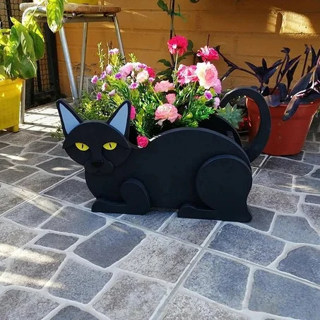 Animal Flower Pot Garden Art Craft Ornament Wooden Cat Potted Planter Cute Black Kitten Planters Garden Yard Decoration