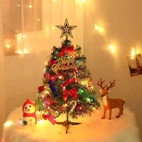 24"/60cm Tabletop Xmas Tree, Artificial Mini Christmas Pine Tree with LED String Lights & Ornaments