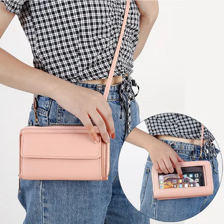 Women Touch Screen Thin Shoulder Strap Bag Cell Phone Small Pouch RFID Smart Long Wallet Brand Designer Flip Blue Wristband Bags