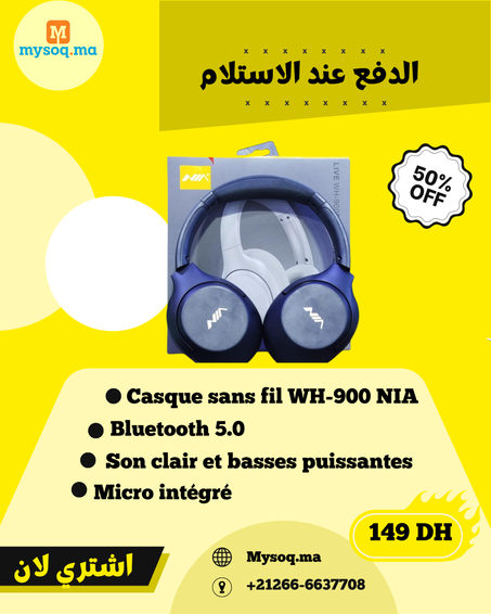 Nia Casque Sans Fil WH-900 – Bluetooth, Audio Haute Qualité, Basses Puissantes, Micro Intégré, Autonomie Longue Durée