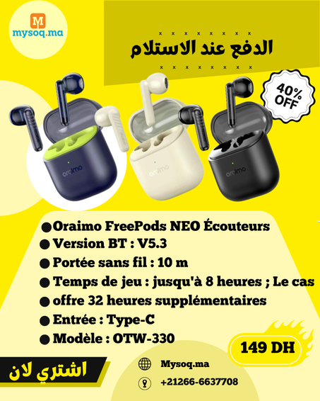 Oraimo FreePods NEO Écouteurs véritablement sans fil, OTW-330S écouteurs Bluetooth Avec 2 micros