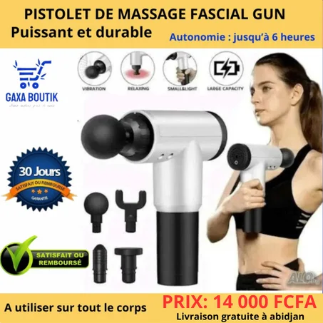 Pistolet de Massage Musculaire Fascial Gun – Appareil de Massage Profond – 4 Têtes – 6 Vitesses – Soulagement Douleur & Récupération Sportive
