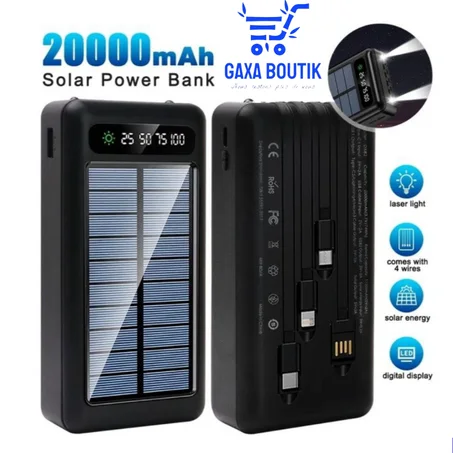 Powerbank Solaire 20000 mAh – Batterie Externe Portable avec Recharge Solaire et Electrique, Double USB et Lampe LED