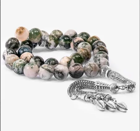 سبحة حجر عقيق شجري طبيعي بعروق فاخرة