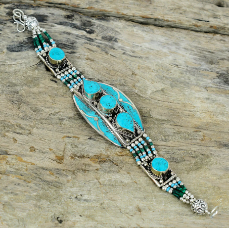 سوار فيروزي فريد من نوعه، سوار من الفضة الإسترلينية عيار 925، سوار تبتي، سوار مصنوع يدويًا، مجوهرات آسيوية نيبالية، سوار بوهيمي