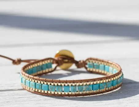 سوار من الفيروز الطبيعي، سوار من حجر المكعب البوهيمي، سوار من كريستال الفيروز، هدية للنساء، هدية للرجال