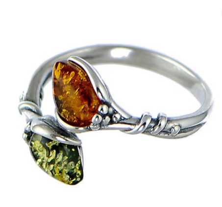 خاتم قابل للتعديل من الكهرمان متعدد الألوان على فضة عيار 925، خاتم كهرمان، خاتم قابل للتعديل، خاتم فضة، خاتم أصلي