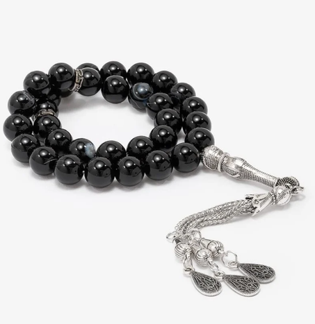 سبحة حجر عقيق أسود بعروق