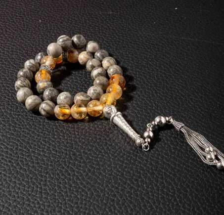 سبحة فضة حجر يشب وسترين طبيعي