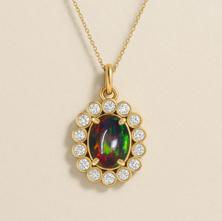 قلادة زهرية مع أوبال أسود متعدد الأوجه، قلادة سلسلة ذهبية مع أحجار كريمة من الأوبال الطبيعي، قلادة حجر ميلاد شهر أكتوبر للنساء