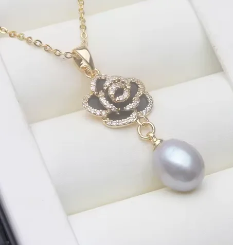 قلادة لؤلؤ المياه العذبة الطبيعية لحفلات الزفاف 925، قلادة من الفضة الإسترليني الأبيض المزروعة هدية عيد ميلاد الزوجة والأم باللون الوردي