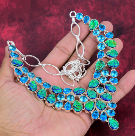 قلادة مصنوعة يدويًا من الفضة الإسترلينية عيار 925 مرصعة بثلاثة أوبال أسترالي وتوباز أزرق، مثالية لمناسبة خاصة ومجوهرات بوهيمية