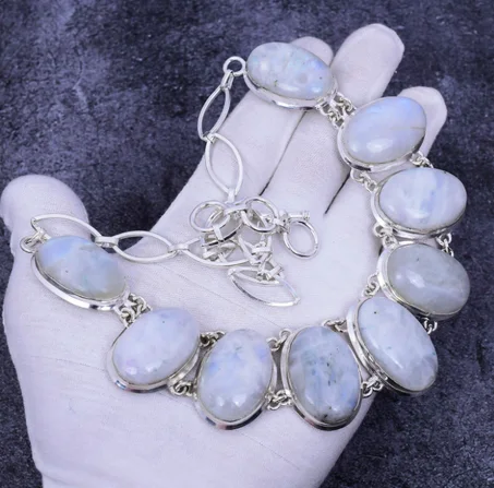 قلادة حجر القمر قوس قزح: مجوهرات زفاف مصنوعة يدويًا من الفضة الإسترلينية عيار 925