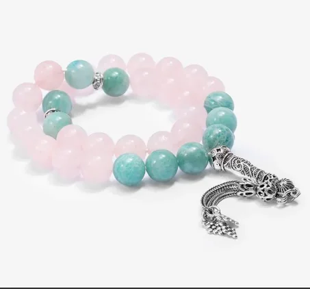 سبحة فضة روز كوارتز واكوامارين طبيعي