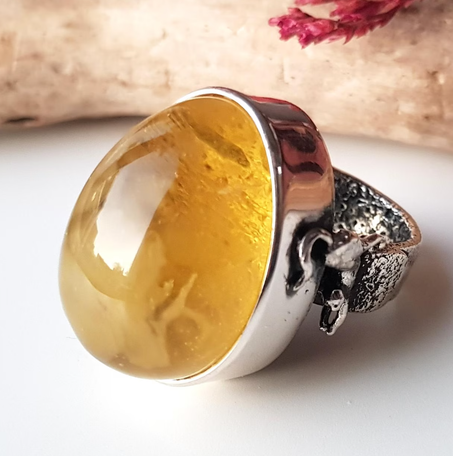 خاتم رائع من العنبر البلطيقي مع قطط فضية، خاتم من العنبر الغائم والعسل والفضة الإسترلينية