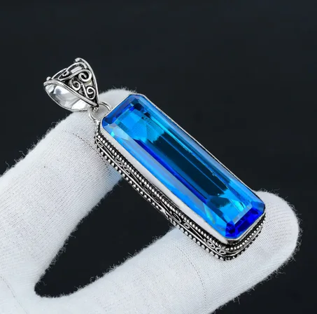 قلادة فضية عتيقة طويلة مرصعة بحجر التوباز الأزرق السويسري، مجوهرات من الفضة الإسترليني عيار 925، قلادة فضية مرصعة بالتوباز، هدية لها