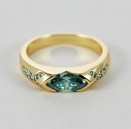 خاتم مويسانيتي بقطع ماركيز أزرق مخضر غني، خاتم وعد من الذهب والفضة مع أحجار جانبية، خاتم خطوبة، هدية ذكرى سنوية