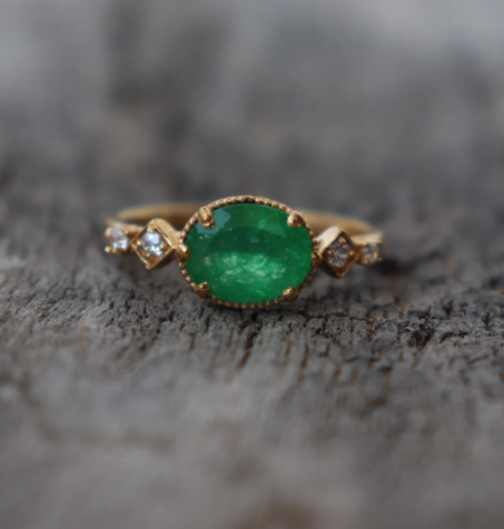خاتم زمرد طبيعي - خاتم بيضاوي - خاتم ذهب عيار 14 - خاتم خطوبة - هدية لها - خاتم فضة إسترليني - حجر ميلاد شهر مايو - أخضر - خاتم مطلي بالذهب