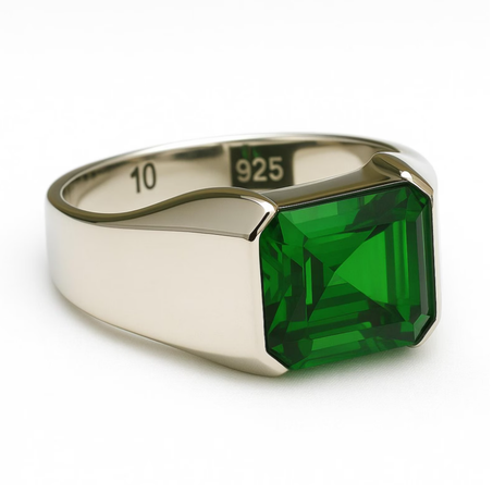 خاتم فضة رجالي مرصع بالزمرد، خاتم فضة إسترليني، حجر كريم أخضر، مجوهرات تركية يدوية الصنع