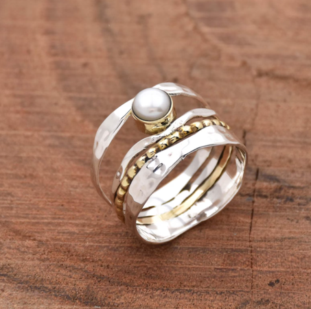 خاتم فضة إسترليني مصنوع يدويًا مع خرز: خاتم متعرج بوهيمي