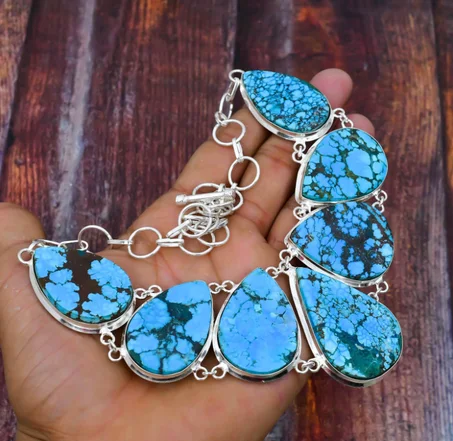 قلادة من الفضة الإسترلينية عيار 925 مرصعة بالفيروز التبتي - مجوهرات بوهيمية مصنوعة يدويًا