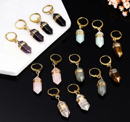 Boucles d'oreilles pendantes hexagonales en pierre naturelles,