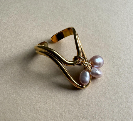 خاتم ذهبي مع لؤلؤة وردية من المياه العذبة، خاتم قابل للتعديل من الفولاذ المقاوم للصدأ، خاتم قابل للتعديل على طراز البوهيمي الأنيق