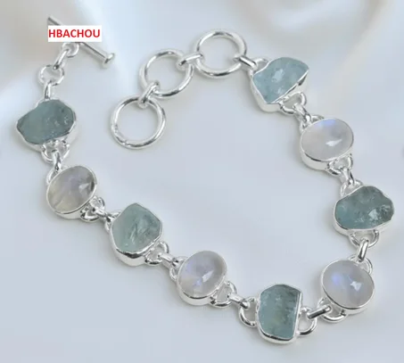 سوار مصنوع يدويًا من حجر القمر الزبرجد الخام، فضة إسترليني عيار 925