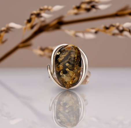 خاتم مصنوع يدويًا من العنبر الطبيعي، قابل للتعديل الحجم، مجوهرات من الأحجار الكريمة، خاتم كبير، خاتم لها، خاتم نسائي عصري مع أحجار كريمة.