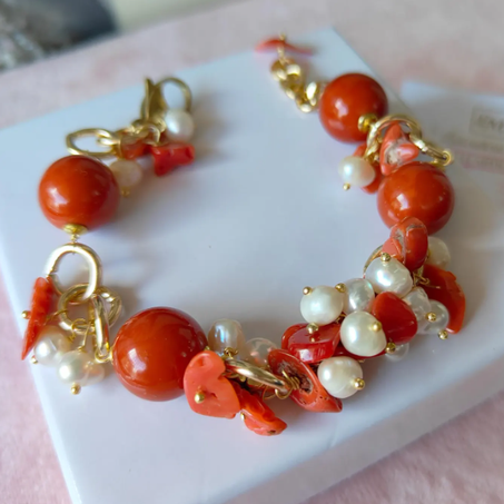 سوار نسائي، مجوهرات إيطالية، سوار من عجينة المرجان، سوار بخرز ومرجان طبيعي، سوار عنقودي، مرجان