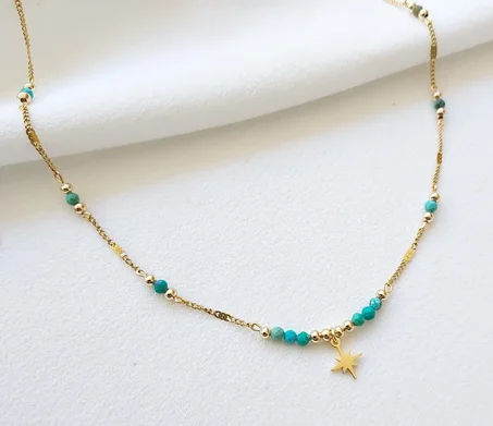 قلادة رقيقة وناعمة، قلادة من اللؤلؤ الفيروزي، قلادة بنجمة، قلادة من الفولاذ المقاوم للصدأ بتصميم بسيط، مجوهرات لها.