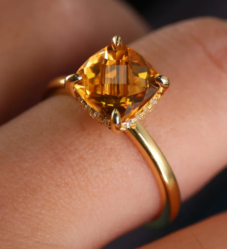 خاتم من حجر السترين الطبيعي 3 أو 4 قيراط من الذهب الأصفر المطلي بالذهب، خاتم خطوبة بهالة مخفية، مجوهرات من حجر ميلاد شهر نوفمبر، خاتم مربع بسيط، هدية لها