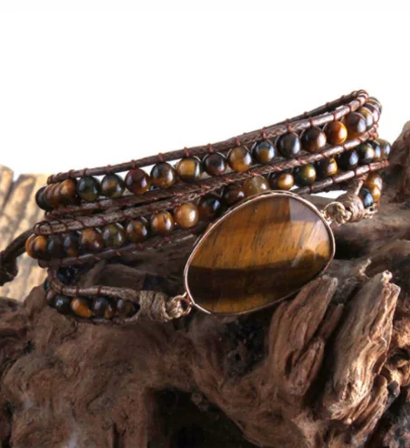 Bracelet-Collier Femme,Bohème,Pierre Naturelle,Œil Tigre,Cuir Marron,Tressé,