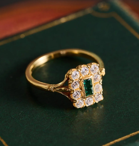 خاتم خطوبة من الألماس والزمرد العتيق، خاتم من الفضة الإسترلينية المطلية بالذهب عيار 14 قيراطًا، مقاوم للماء