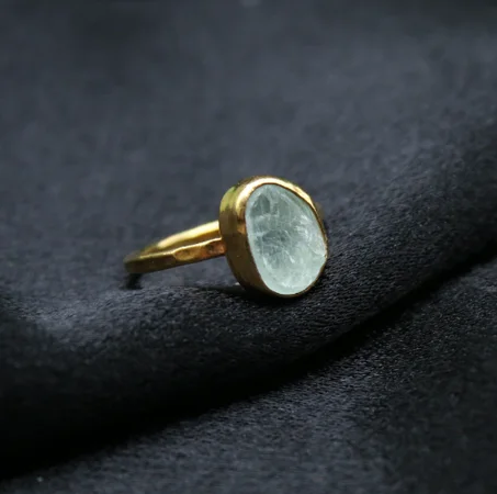 خاتم فضي مرصع بأحجار كريمة خام، حجر الميلاد، أكوامارين، مجوهرات مصنوعة يدوياً، خاتم أكوامارين عتيق