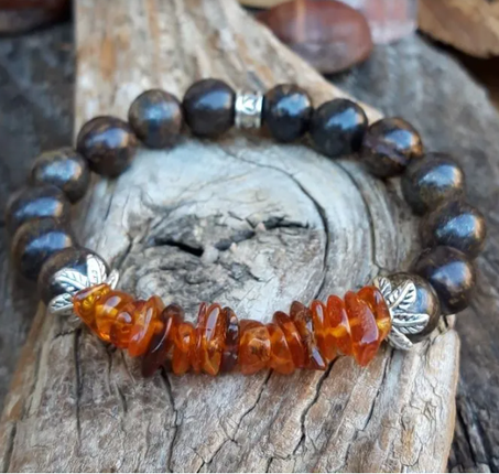 Bracelet Ambre et Bronzite fleurs argentées