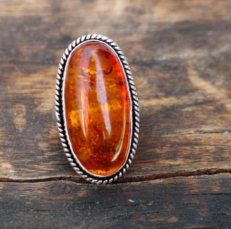 خاتم كهرمان، فضة إسترلينية عتيقة عيار 925، حجر كهرمان، جنوب غرب، بيضاوي، نسائي، ملابس رسمية، كهرمان برتقالي، خاتم غربي