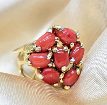 خاتم سردينيا من المرجان الإيطالي: مرجان أحمر طبيعي من البحر الأبيض المتوسط، شريط قابل للتعديل من الفضة الإسترلينية عيار 925 مطلي بالذهب، هدية مصنوعة يدويًا لها
