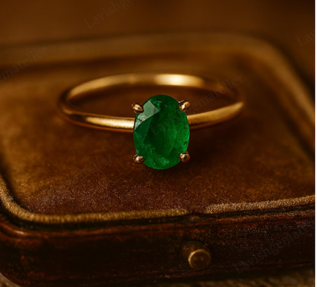 خاتم زمرد بيضاوي القطع، 7 × 9 مم، خاتم زفاف سوليتير بيضاوي الشكل من الزمرد، خاتم من الذهب الصلب مرصع بأحجار كريمة، خاتم خطوبة من الزمرد